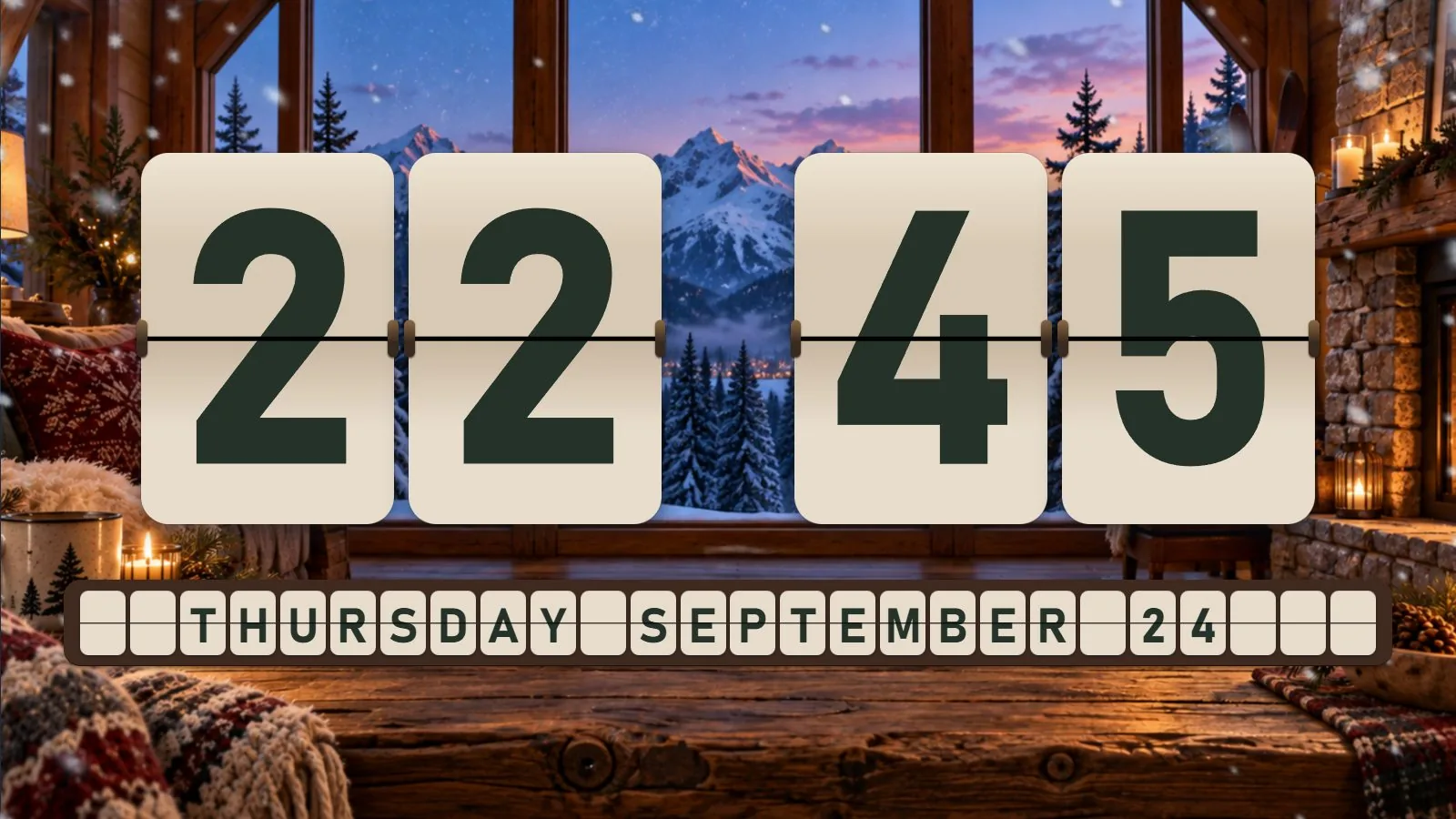 Alpine Snow Cabin flip clock theme running on a desktop