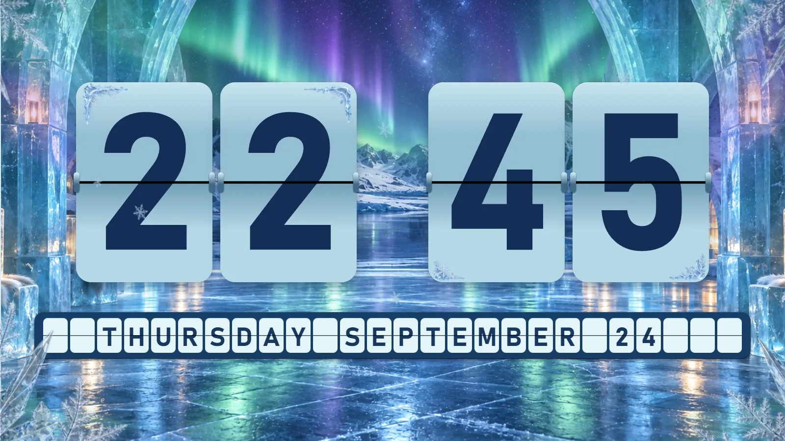 Aurora Ice Hotel flip clock theme running on a desktop