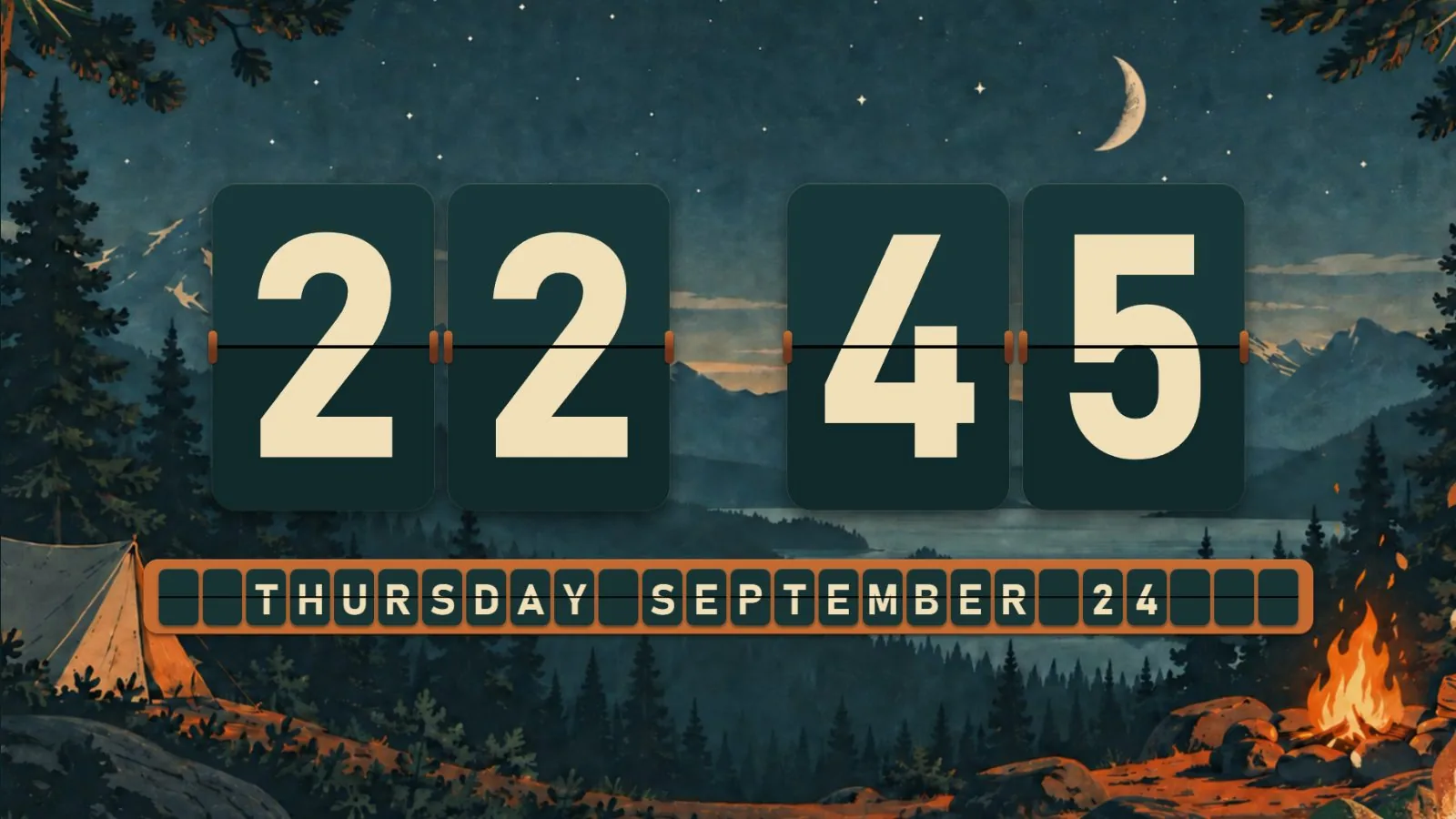 Campfire National Park flip clock theme running on a desktop