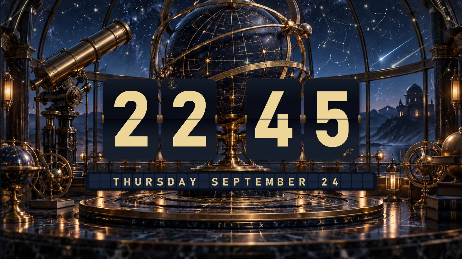 Celestial Observatory flip clock theme running on a desktop