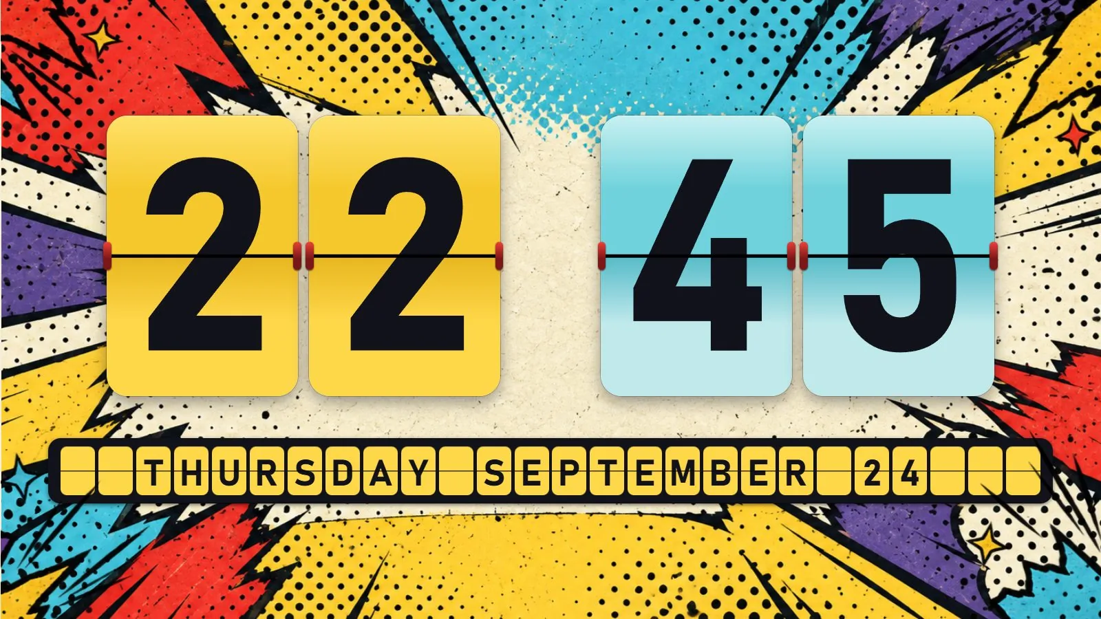 Comic Halftone flip clock theme running on a desktop