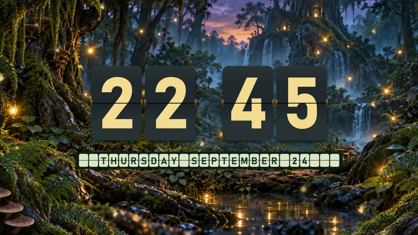 Firefly Forest flip clock theme running on a desktop