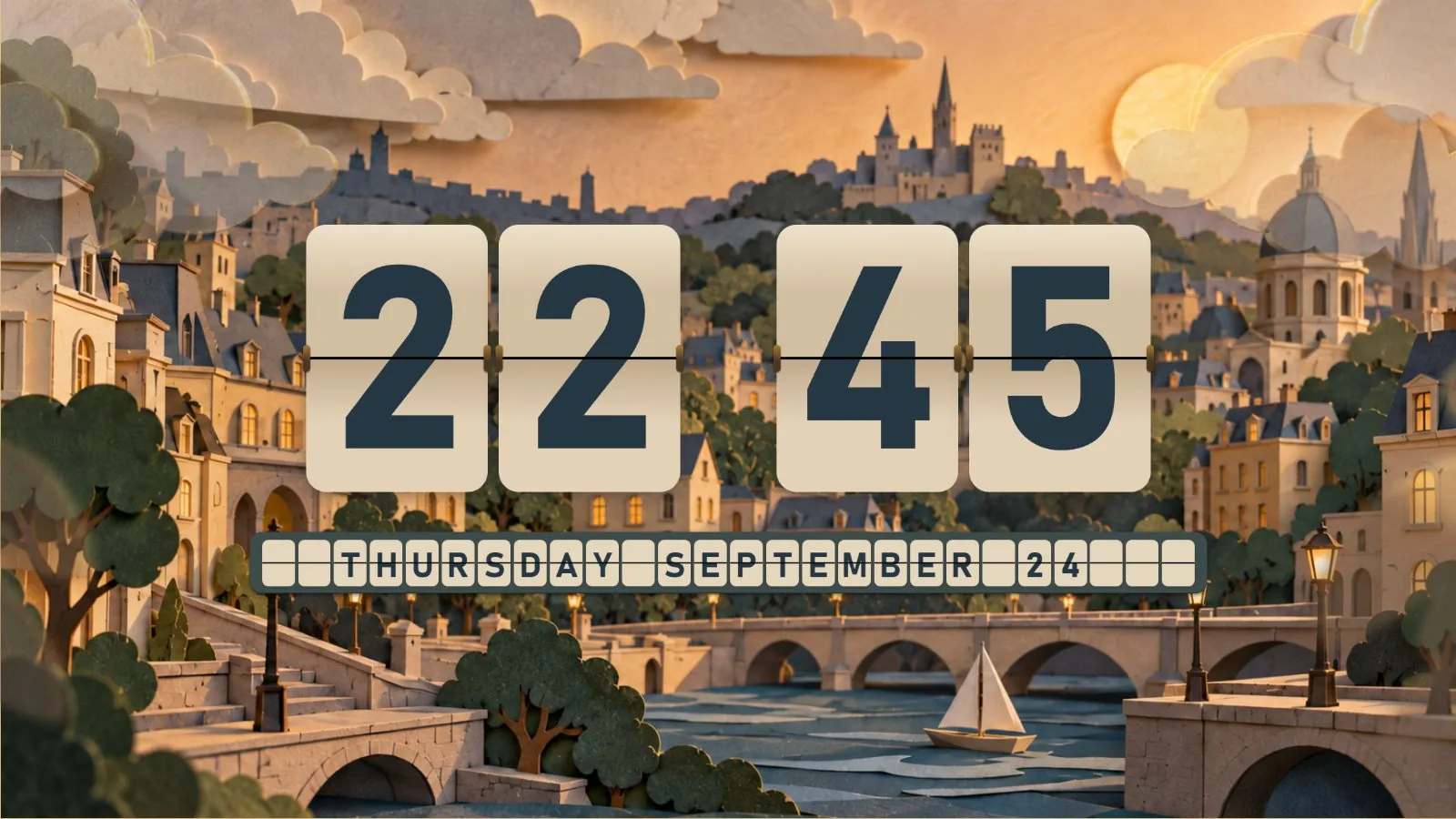 Paper Cut City flip clock theme running on a desktop