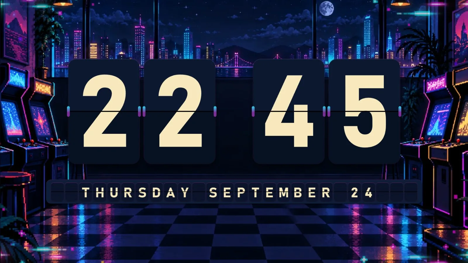 Pixel Arcade Night flip clock theme running on a desktop