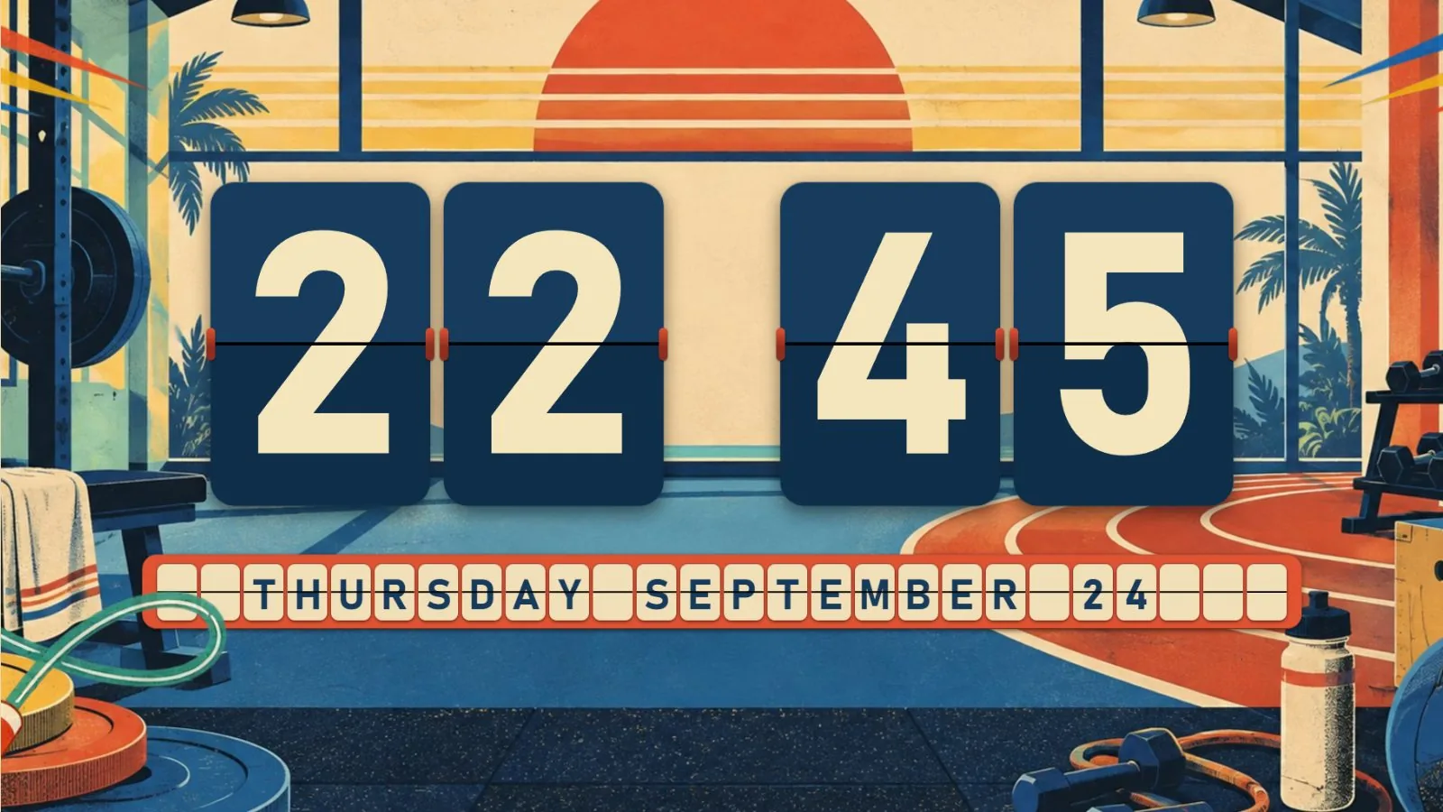 Retro Gym Club flip clock theme running on a desktop