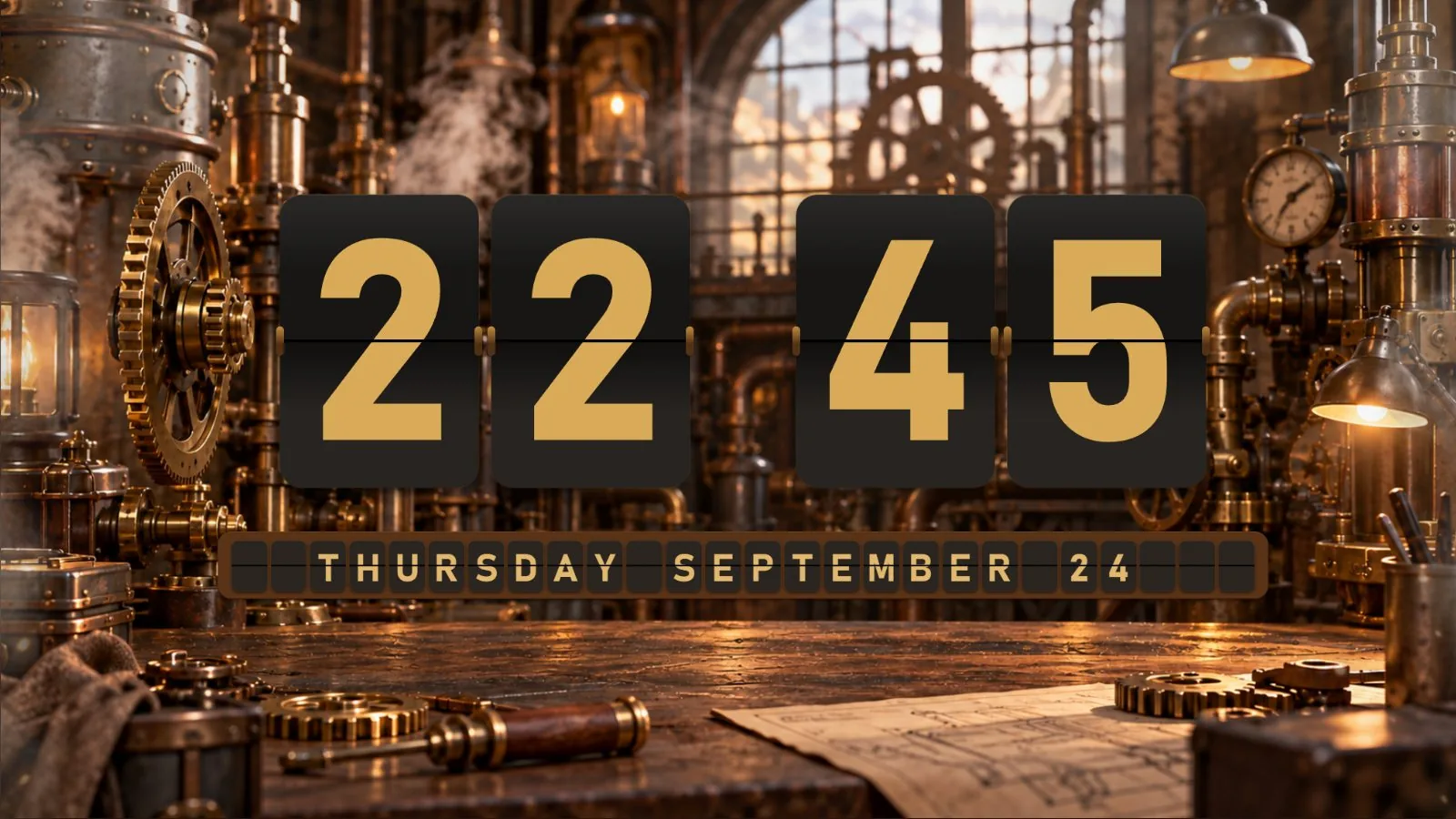 Steampunk Workshop flip clock theme running on a desktop