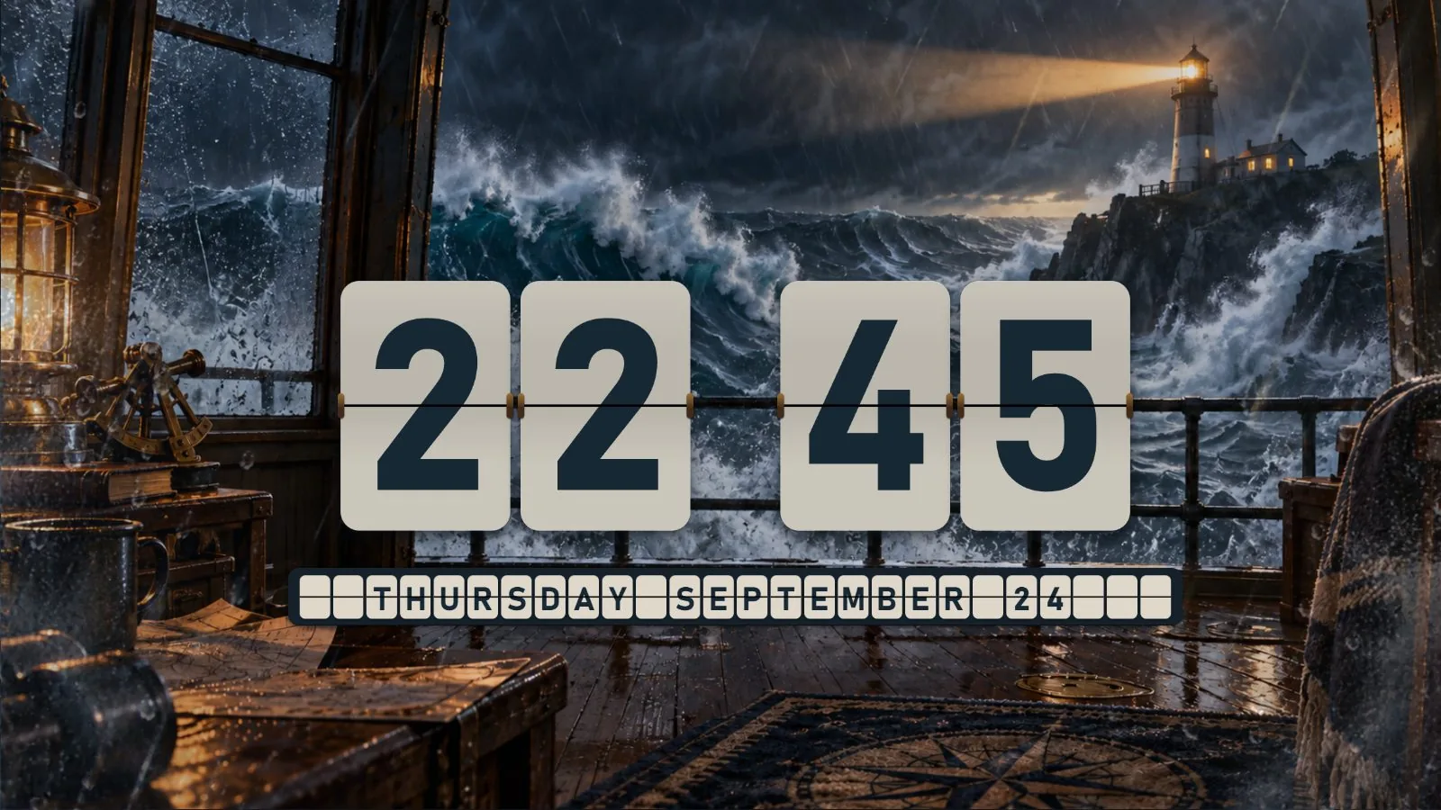 Storm Lighthouse flip clock theme running on a desktop
