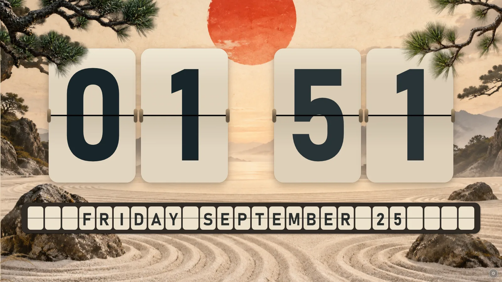 Zen Sun and Rake flip clock theme running on a desktop